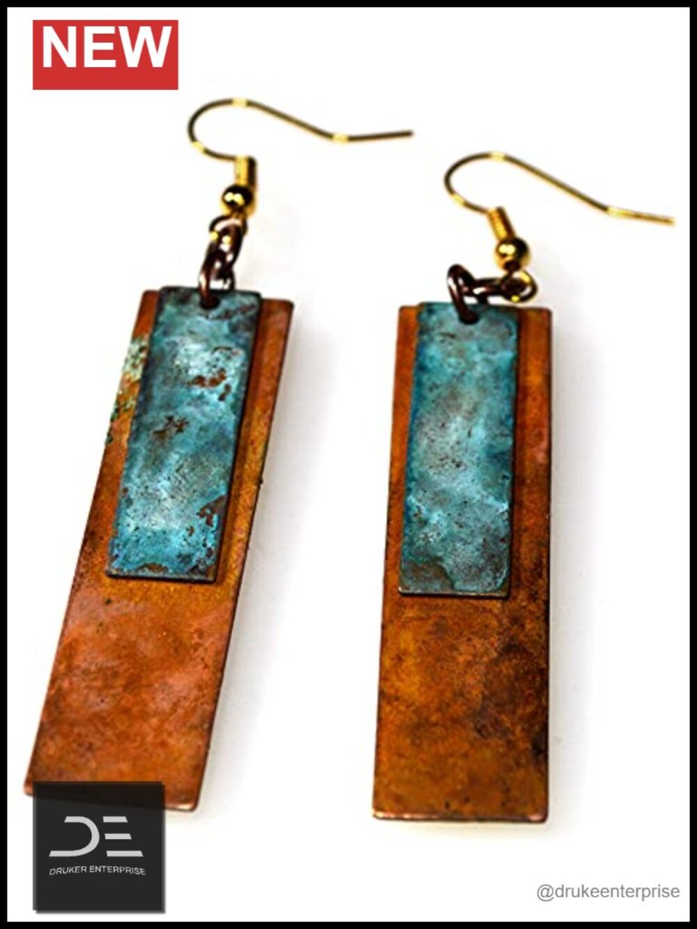 Elongated Rectangle Handmade Brass Earrings, Gold Plated French Wires, Bohemian